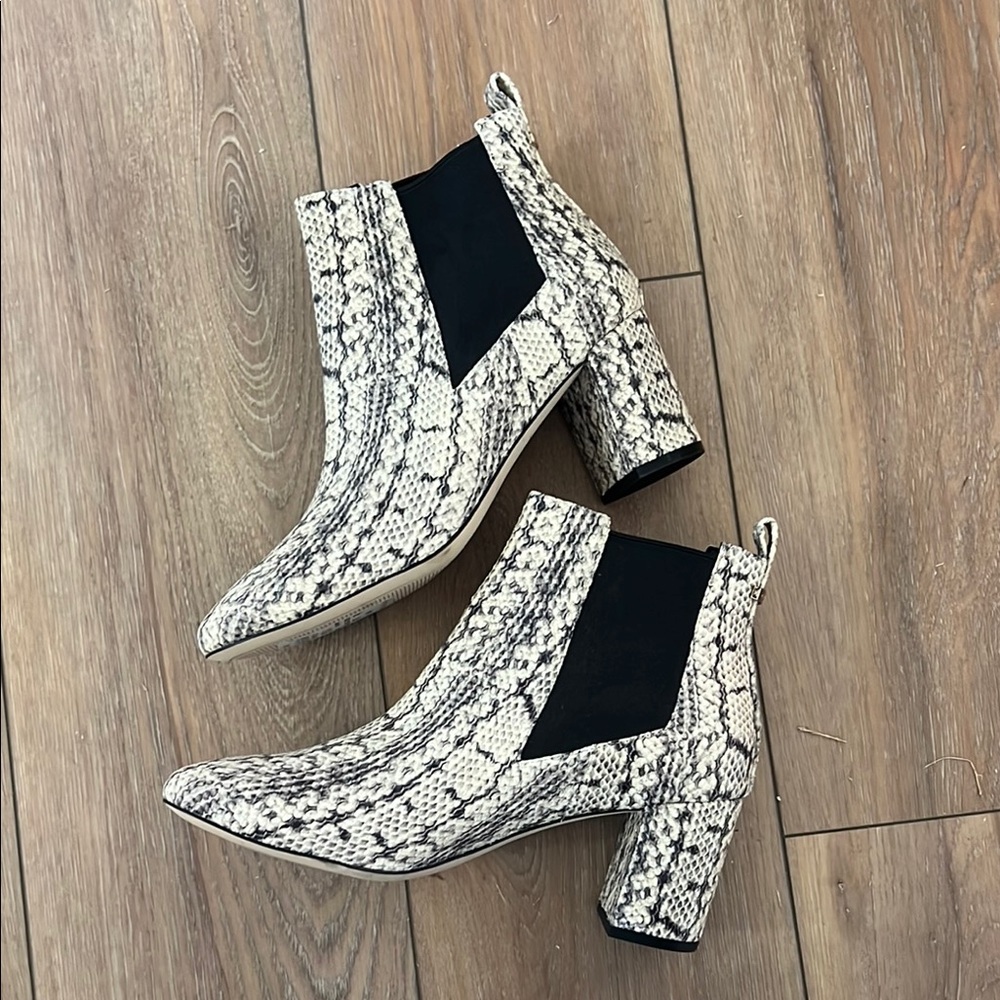 Cole Haan Black and Cream Heeled Boots with Snakeskin Pattern